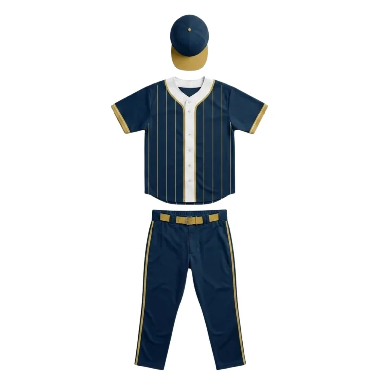 Front view of the Diamond Legacy custom baseball uniform in navy blue and gold, featuring a sublimated pinstripe button-down jersey, matching full-length pants with a gold belt, and a professional team cap