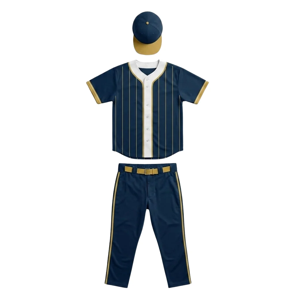Diamond Legacy Custom Baseball Uniform - Navy Gold - Front View Front view of the Diamond Legacy custom baseball uniform in navy blue and gold, featuring a sublimated pinstripe button-down jersey, matching full-length pants with a gold belt, and a professional team cap