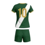 Back view of the Emerald Grace women's soccer jersey in forest green with a white diagonal panel and large gold athletic number 10, highlighting the premium sublimated design for custom team kits