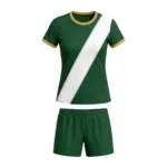 Front view of the Emerald Grace women's custom soccer kit in forest green, featuring a bold diagonal white sublimated sash, gold crew neck collar, and tapered feminine fit for professional sports teams