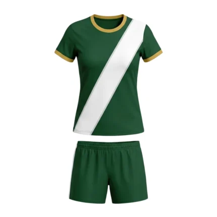 Front view of the Emerald Grace women's custom soccer kit in forest green, featuring a bold diagonal white sublimated sash, gold crew neck collar, and tapered feminine fit for professional sports teams