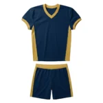 Front view of the Gridiron Classic custom football uniform in deep navy and warm gold, featuring a reinforced V-neck collar, vertical gold side panels, and a professional athletic cut for team apparel