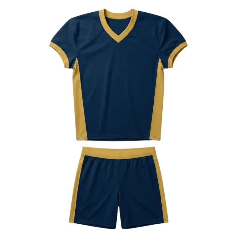Front view of the Gridiron Classic custom football uniform in deep navy and warm gold, featuring a reinforced V-neck collar, vertical gold side panels, and a professional athletic cut for team apparel