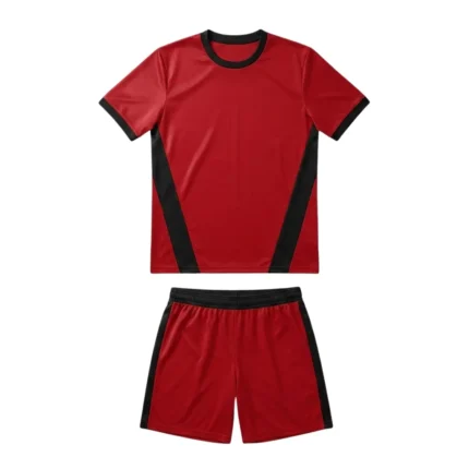 Front view flat lay of the Ignite Pro Custom Soccer Uniform - Red Black Kit featuring a bold red athletic jersey with black diagonal side panels and matching red soccer shorts on a white background
