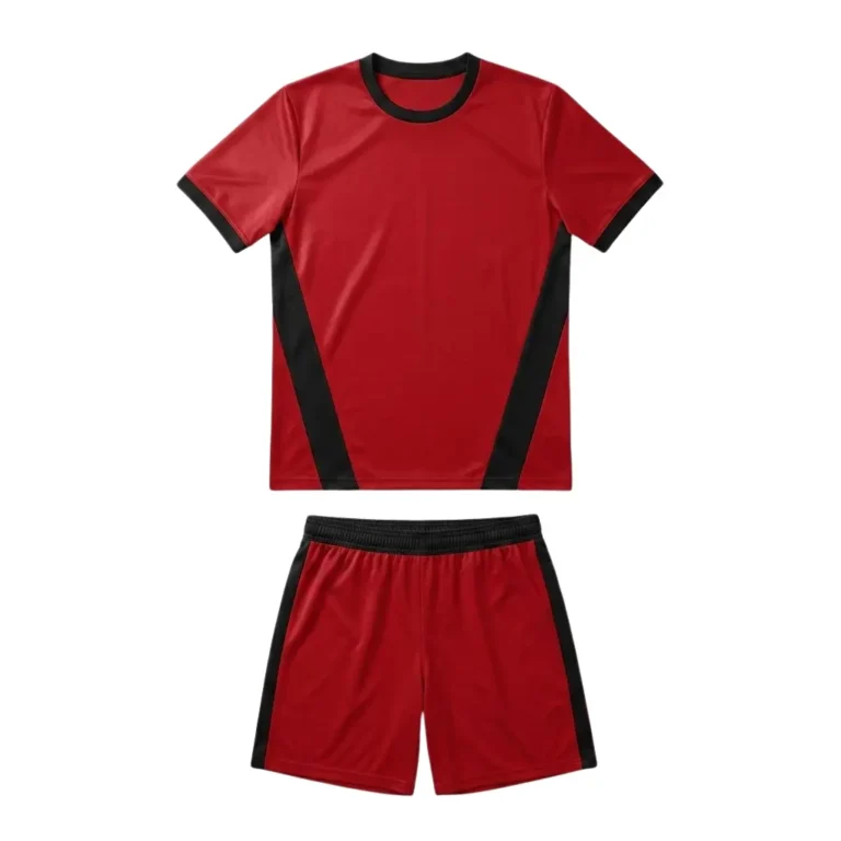 Front view flat lay of the Ignite Pro Custom Soccer Uniform - Red Black Kit featuring a bold red athletic jersey with black diagonal side panels and matching red soccer shorts on a white background