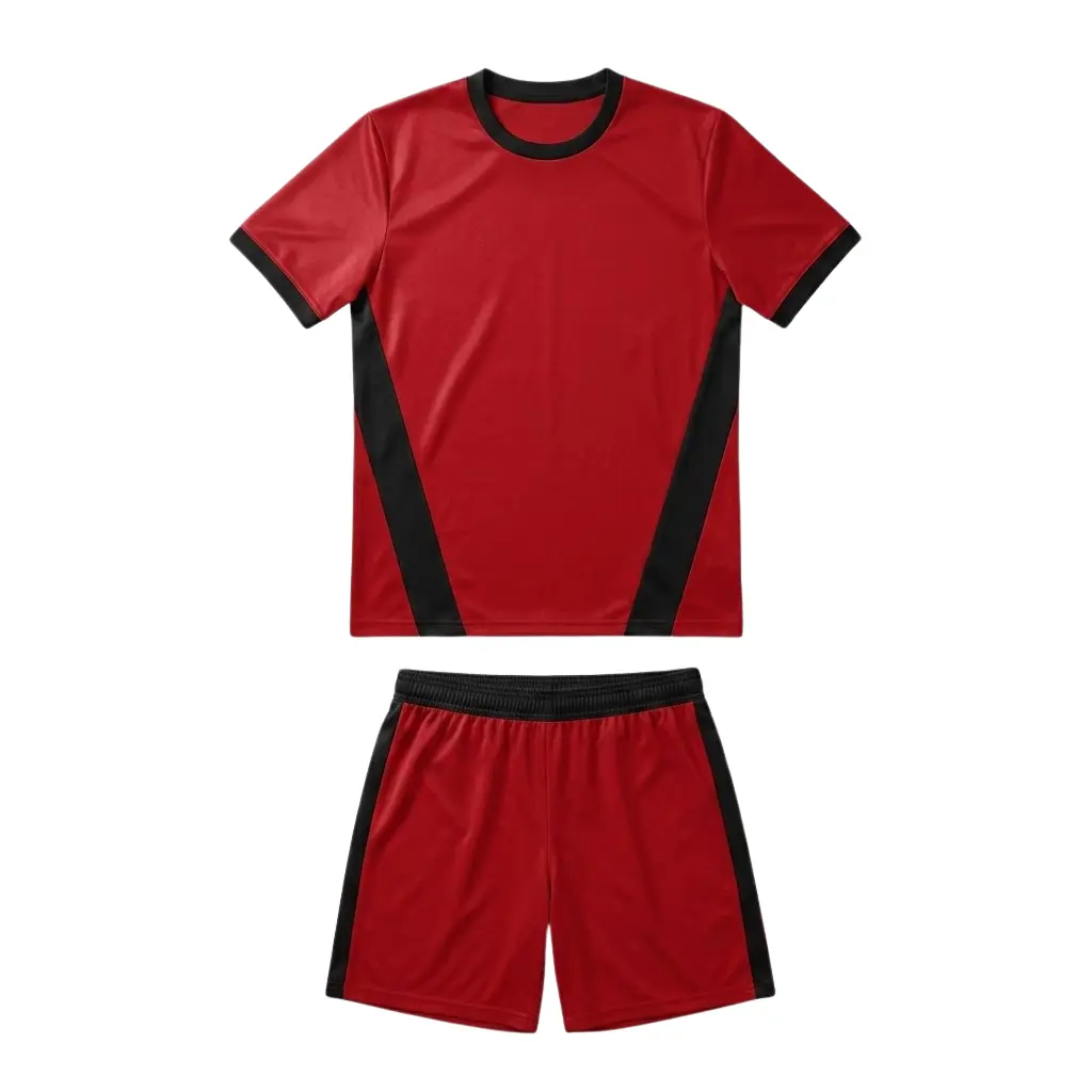 Ignite Pro Custom Soccer Uniform - Red Black Kit - Front View Front view flat lay of the Ignite Pro Custom Soccer Uniform - Red Black Kit featuring a bold red athletic jersey with black diagonal side panels and matching red soccer shorts on a white background