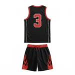 Back side of a custom black and red basketball jersey displaying a bold red athletic number 3 with a white outline and flame-inspired graphics on the matching black shorts