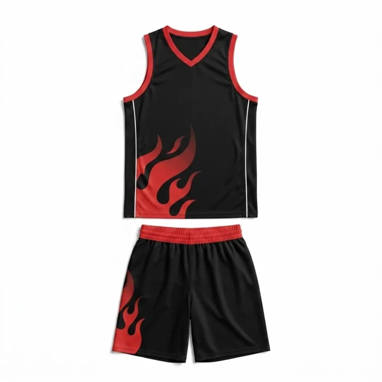 Front view flat lay of the Midnight Blaze custom basketball uniform featuring a jet black sleeveless jersey with bold red V-neck trim and abstract red flame graphics on the jersey and matching black shorts