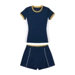 Pitch Prestige Custom Field Hockey Kits - Navy White: Front view flat lay of a navy blue fitted jersey with gold trim and a matching pleated skort on a white background