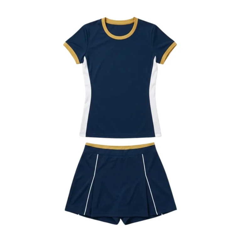 Pitch Prestige Custom Field Hockey Kits - Navy White: Front view flat lay of a navy blue fitted jersey with gold trim and a matching pleated skort on a white background