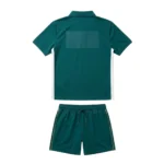 Back view of the Rally Court Custom Pickleball Uniform - Teal White Kit showing the breathable mesh panels, gold side stripes on shorts, and a clean upper-back space for team customization