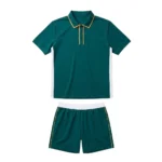 Front flat lay view of the Rally Court Custom Pickleball Uniform - Teal White Kit featuring a performance polo with gold collar trim and matching athletic shorts on a white background