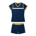 Front view of the Rising Star Custom Girls Volleyball Uniform in Navy and Gold, featuring a sublimated jersey with a white chest stripe and matching athletic shorts