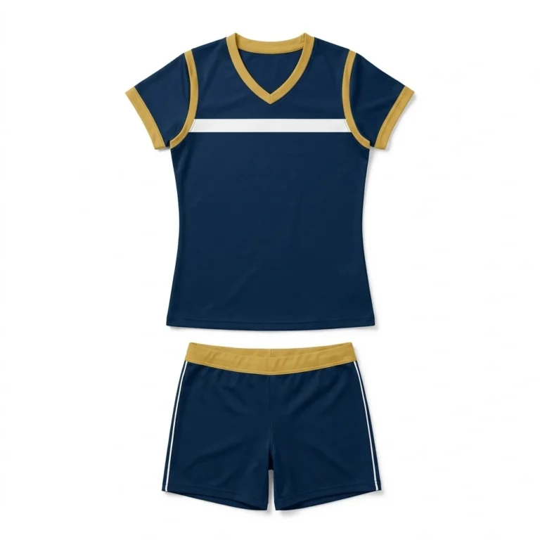 Front view of the Rising Star Custom Girls Volleyball Uniform in Navy and Gold, featuring a sublimated jersey with a white chest stripe and matching athletic shorts