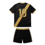 Back view of a professional black and gold custom soccer jersey with metallic gold number 10, showing the continuous diagonal sash design and premium hexagonal texture for team uniforms