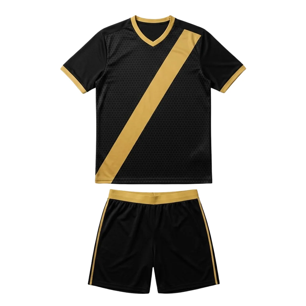 Shadow Phantom Soccer Kit - Black Gold - Front View Front view of the Shadow Phantom custom soccer kit in jet black and warm gold, featuring a sublimated hexagonal geometric pattern, a diagonal gold sash, and V-neck collar for professional sports teams