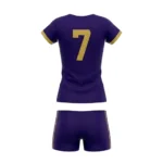 Back view of the Spike Queen purple and gold volleyball kit showing the custom jersey with a large gold player number 7, white side panel accents, and form-fitted athletic spandex shorts