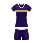 Front view of Spike Queen custom sublimated women's volleyball uniform featuring a deep purple jersey with a horizontal gold chest stripe, white V-neck collar, and matching purple spandex shorts with gold side piping