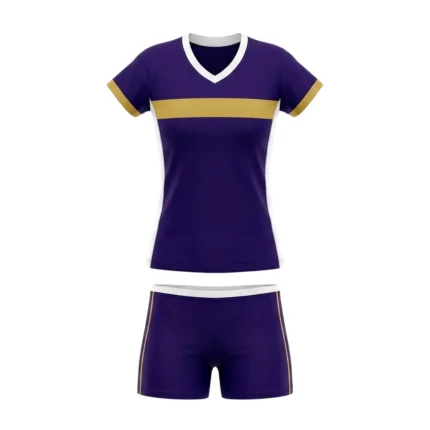 Front view of Spike Queen custom sublimated women's volleyball uniform featuring a deep purple jersey with a horizontal gold chest stripe, white V-neck collar, and matching purple spandex shorts with gold side piping