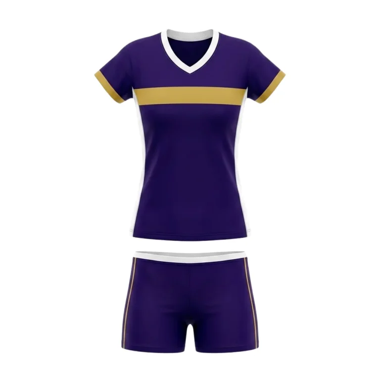 Front view of Spike Queen custom sublimated women's volleyball uniform featuring a deep purple jersey with a horizontal gold chest stripe, white V-neck collar, and matching purple spandex shorts with gold side piping