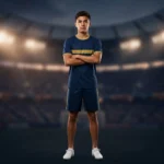 A young soccer player wearing the full Classic Elite Custom Soccer Uniform - Navy Gold Kit with arms crossed, standing in a professional stadium setting with blurred lights