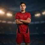 A teenage soccer player in a blurred stadium setting wearing the full Ignite Pro Custom Soccer Uniform - Red Black Kit with arms crossed and a confident expression