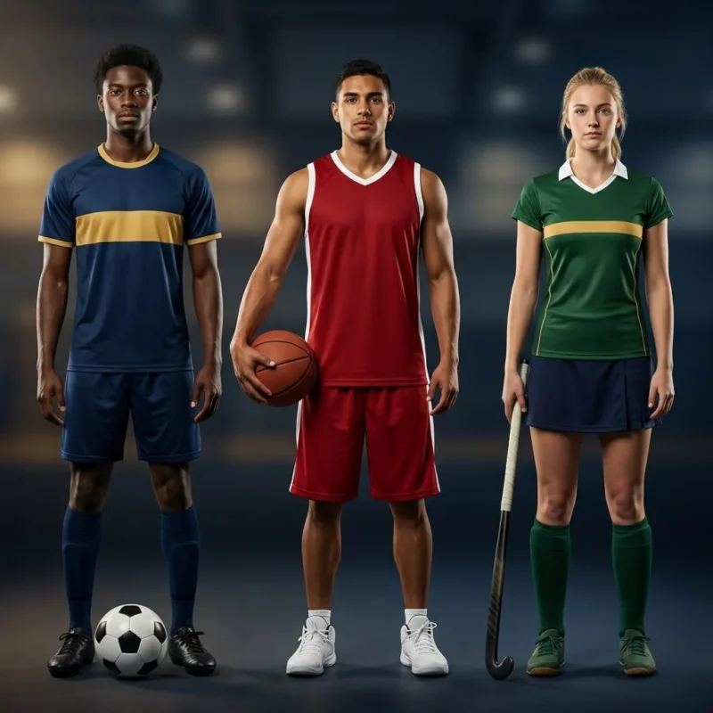 Custom sports uniforms — soccer, basketball and field hockey players in sublimated kits representing all product categories