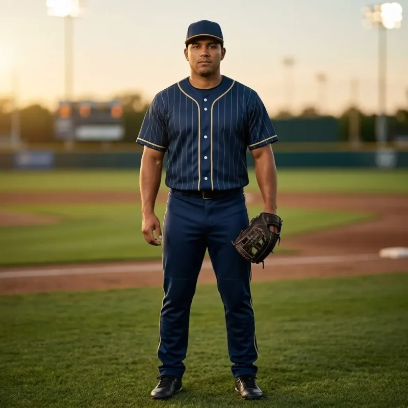 Custom baseball uniforms — adult player in navy and gold kit with cap and glove on baseball diamond
