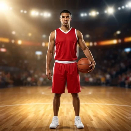 Custom basketball uniforms — male player in red and white sublimated kit holding basketball in arena