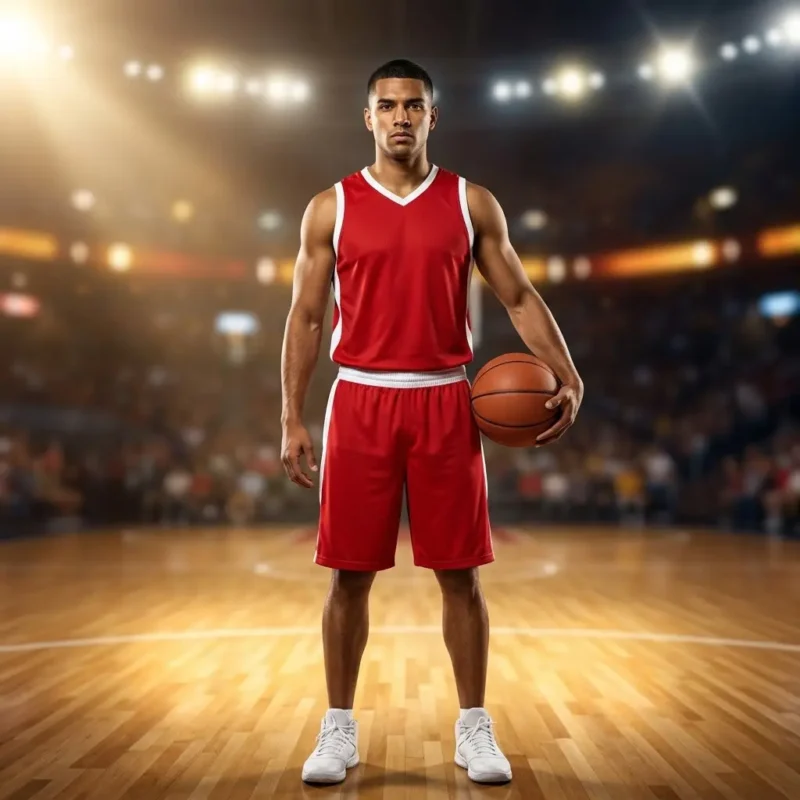 Custom basketball uniforms — male player in red and white sublimated kit holding basketball in arena