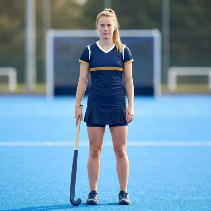 Custom field hockey kits — female player in navy and white skort kit holding hockey stick on blue turf pitch