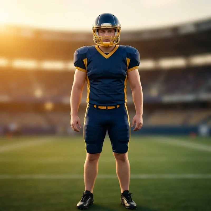 Custom football uniforms — youth player in navy and gold kit wearing helmet on football field
