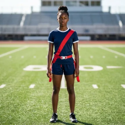 Custom girls flag football uniforms — teenage female player in navy and red kit wearing flag belt on football field