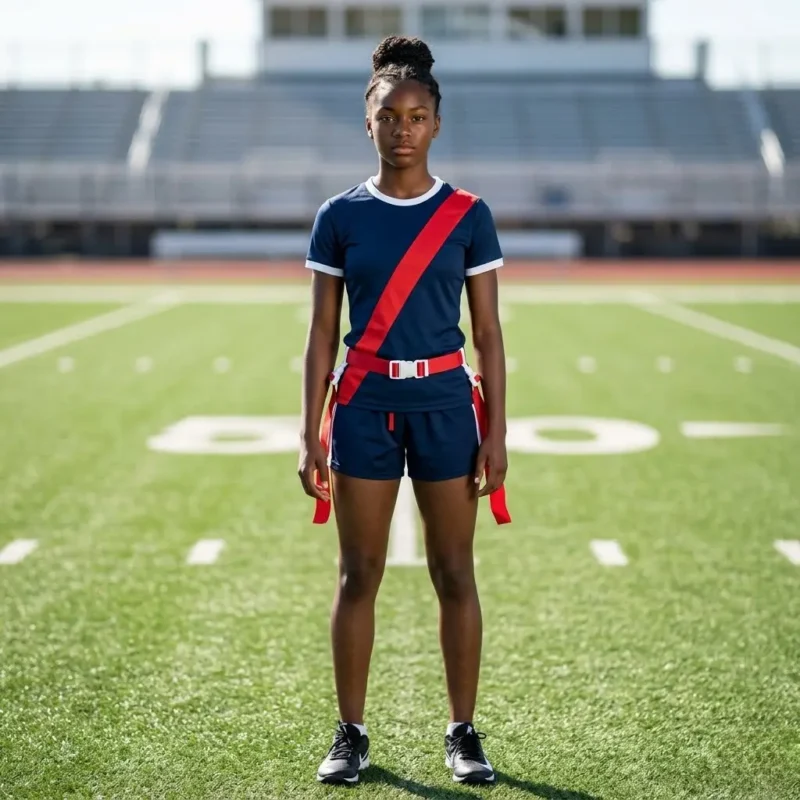 Custom girls flag football uniforms — teenage female player in navy and red kit wearing flag belt on football field