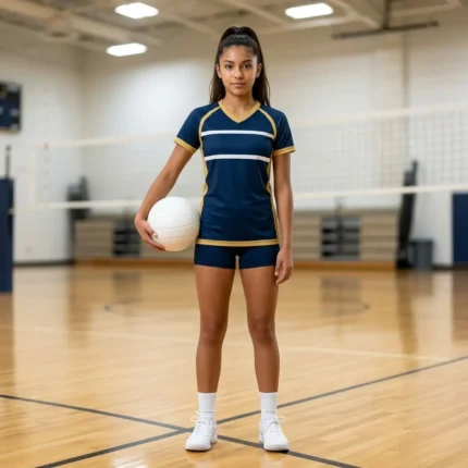 Custom girls volleyball uniforms — youth female player in navy and gold kit holding volleyball in school gymnasium