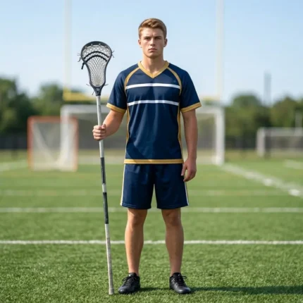 Custom lacrosse uniforms — male player in navy and gold kit holding lacrosse stick on outdoor field