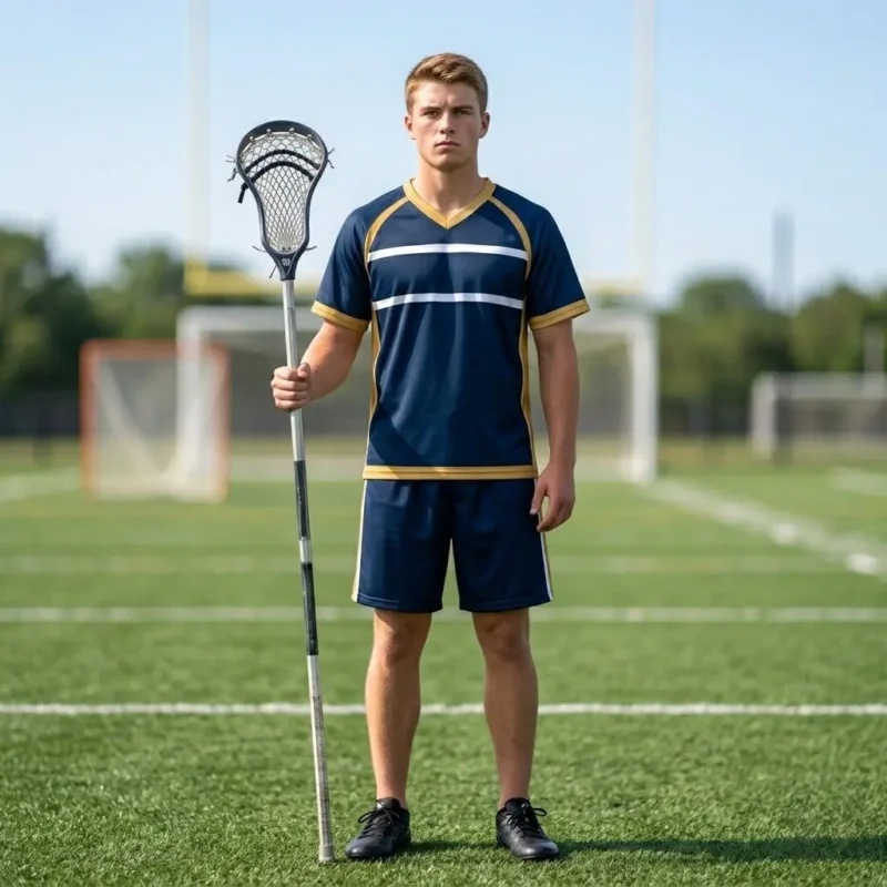 Custom lacrosse uniforms — male player in navy and gold kit holding lacrosse stick on outdoor field
