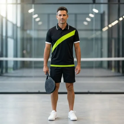 Custom padel kit — European male player in black and lime technical polo holding padel racket on indoor glass court