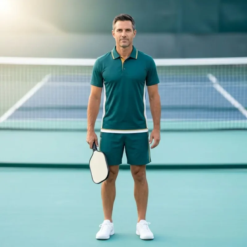 Custom pickleball uniforms — adult male player in teal performance polo holding pickleball paddle on court