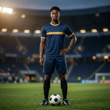 Custom soccer uniforms — male player in navy and gold sublimated kit standing on stadium pitch
