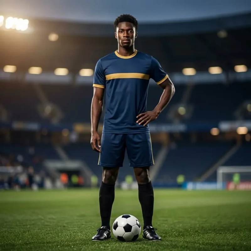 Custom soccer uniforms — male player in navy and gold sublimated kit standing on stadium pitch