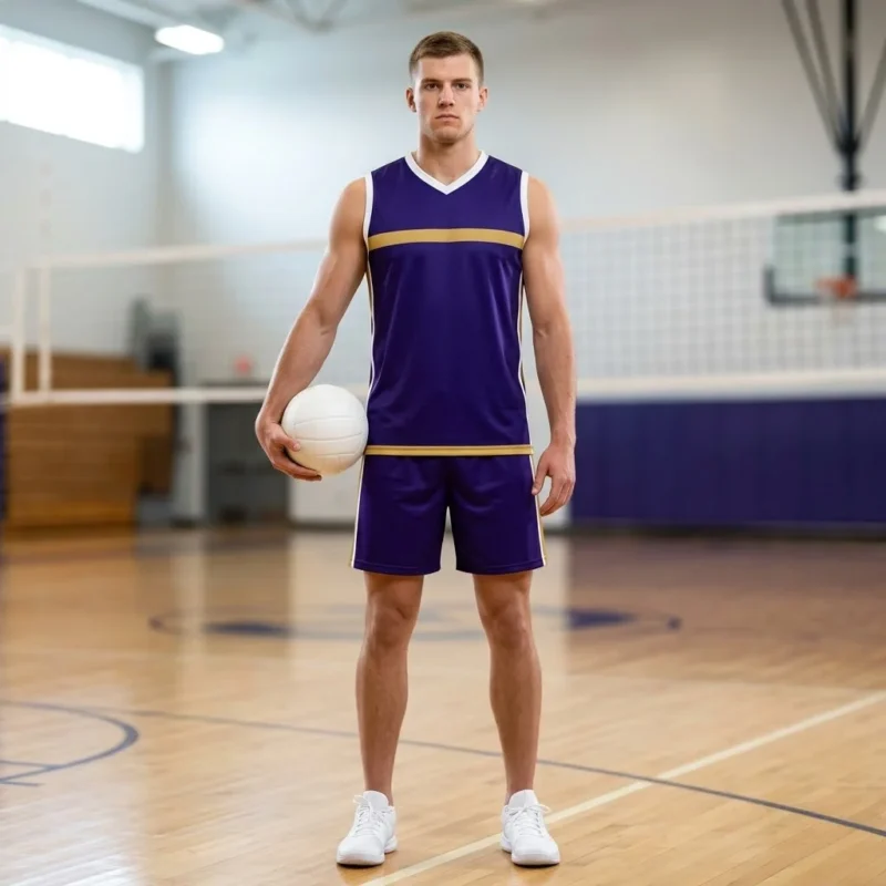 Custom volleyball uniforms — male player in purple and white sublimated kit holding volleyball in gymnasium