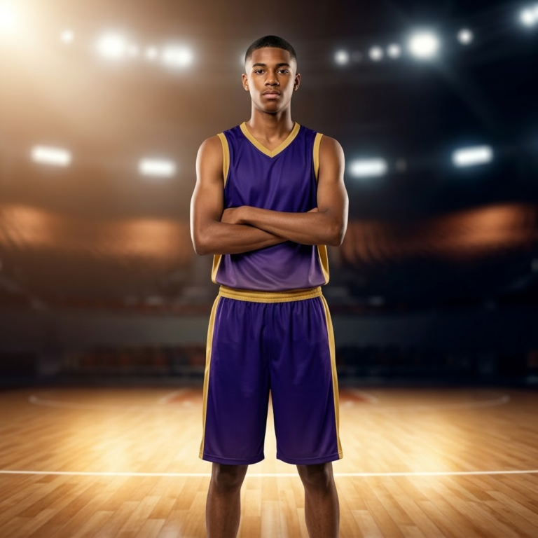 _Indoor arena · Arms crossed · A Boy is Wearing Purple Reign Kit