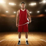 Male athlete wearing a custom reversible red and white basketball jersey and shorts set on a basketball court
