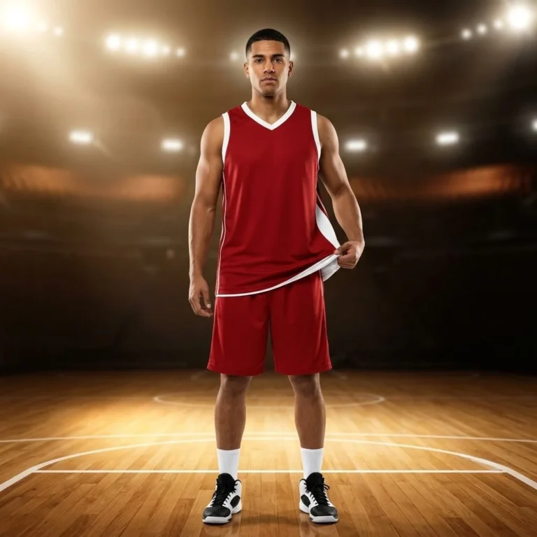 Male athlete wearing a custom reversible red and white basketball jersey and shorts set on a basketball court