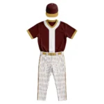 Flat lay showcase of the Ace Pitcher maroon and white custom baseball uniform with pinstripe pants and cap