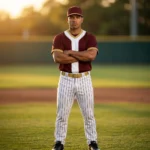 Baseball player wearing the Ace Pitcher custom maroon and white pinstripe baseball uniform on the field at sunset