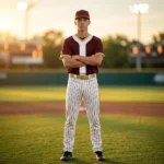 Young baseball player standing on the grass field wearing the Ace Pitcher maroon and white custom uniform