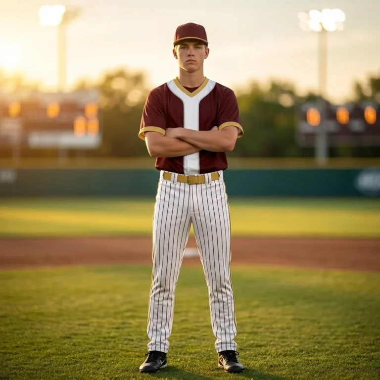 Young baseball player standing on the grass field wearing the Ace Pitcher maroon and white custom uniform