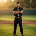 Adult baseball player wearing the Fastball Pro black and gold custom uniform standing on the outfield grass